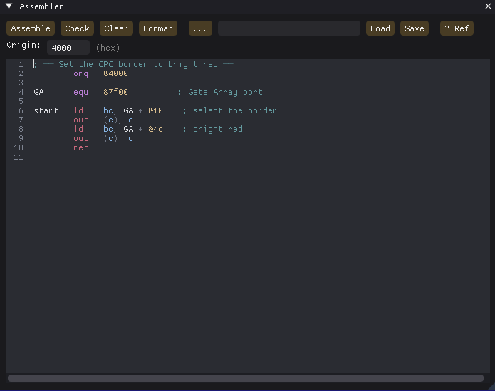 The built-in Z80 assembler with code
