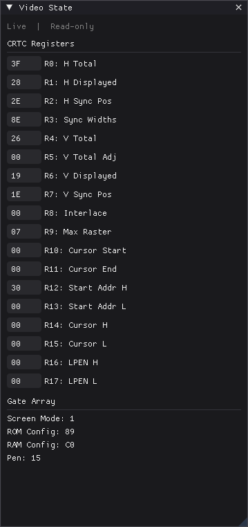 The video-state window showing CRTC and Gate Array registers